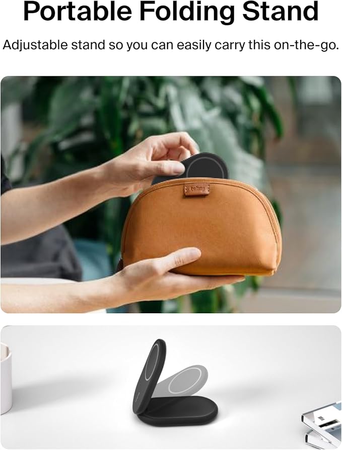 Belkin Qi2 15W Magnetic Wireless Charger 2 in 1 Foldable Non-Slip | MagSafe compatible iPhone 16 Apple Watch Samsung Galaxy S25 compatible power adapter included