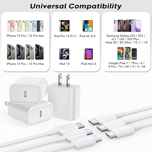 Fast USB C Charger Block3Pack Long 6FT USBC to USBC Cable iPad Cord 20W iPhone 17 Pro Max Charger Travel Plug Fast Charging for iPhone 17/17 Air/17 Pro/16/16e/16 Pro/16Plus/15/15Pro/Pro Max/PlusiPad