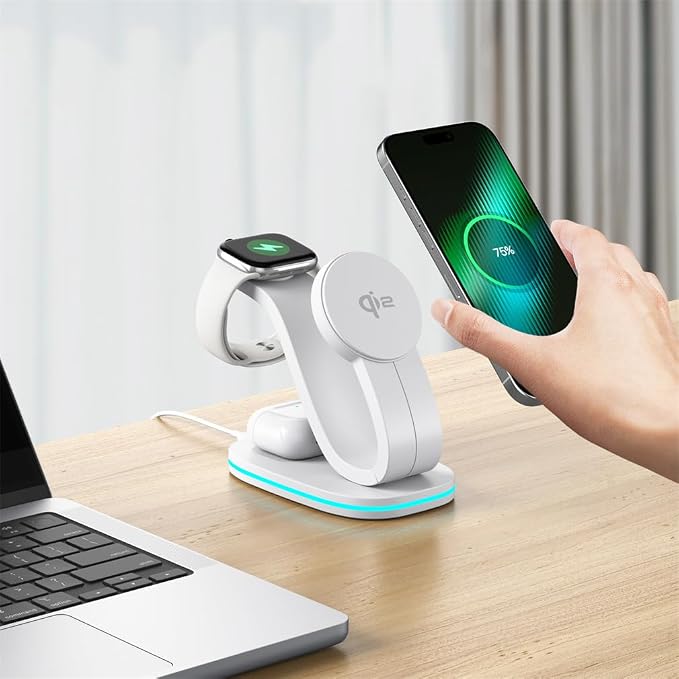 3 in 1 Wireless Charging Station for Apple/Huawei/Samsung Devices 15W Fast Wireless Charger with Blue RGB Light for iPhone 16/15/14/13/12 Apple Watch &amp Airpods Etc.Black