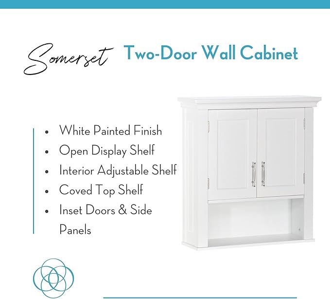 RiverRidge Somerset Two-Door Bathroom and Laundry Wall Mount Storage Medicine Cabinet with Open and Adjustable Shelf - White | Two-Door, Wall Mount, Storage, Open, Adjustable Shelf