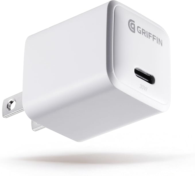 Griffin 30W GaN USB-C Wall Charger Compact Foldable Plug Fast USB-C Adapter for Phones Tablets and More