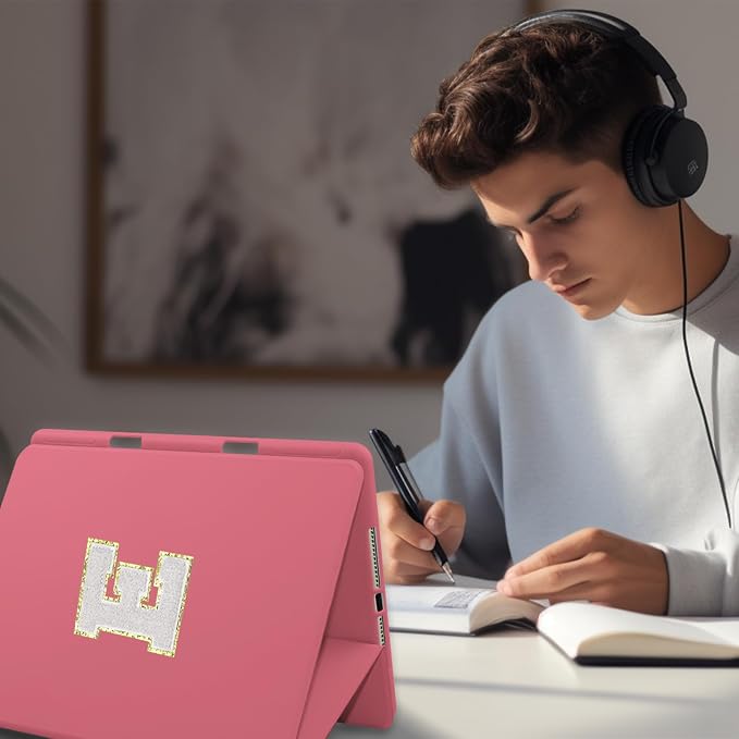 for iPad 9th Generation 10.2 Inch 2021/2020/2019 Case Initial Chenille Letter Suture Personalized for iPad 9th/8th/7th Generation Case with Auto Sleep/Wake Pencil Holder (Black A)
