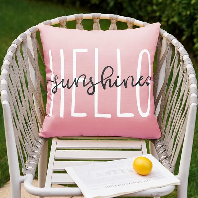 DFXSZ Outdoor Pillow Covers 18x18 Inch Set of 2 Hello Sunshine Decor Pink Waterproof Throw Pillow Covers Summer Outdoor Waterproof Pillow Covers Decor for Patio Funiture Garden Sofa Couch 020F18