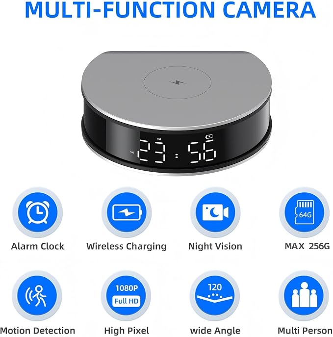 Wireless Phone Charger Clock Hidden Camera 1080P Night Vision/Motion Detection Alarm/App Control/SD Storage Spy Camera for Home Security Indoor.