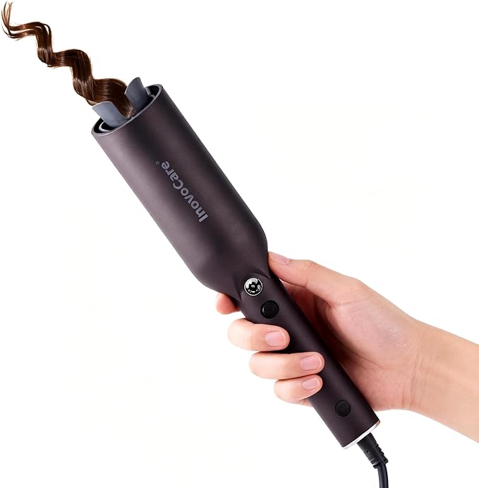 Inovocare Upgraded Automatic Rotating Curling Iron - CurlPro Plus Long Barrel Curling Wand for Long Hair, Ceramic Hair Curler for Women, Anti-Scald, Tangle-Free, 600M Ionic, Dual Voltage (Dark Grey)