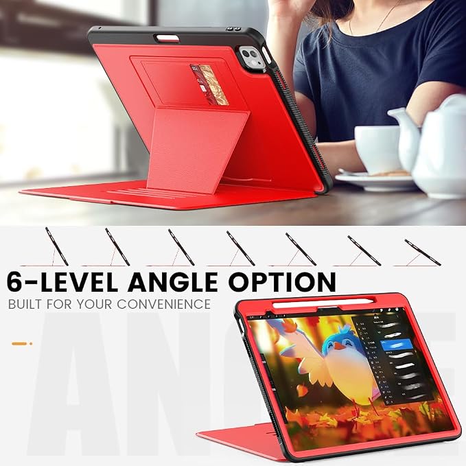 for iPad Pro 11 inch Protective Case M5 2025/M4 2024: Heavy Duty Shockproof Case with Pencil Holder - 360°Rotating Handle/Stand - Screen Protector - Shoulder Strap Black/Sky Blue