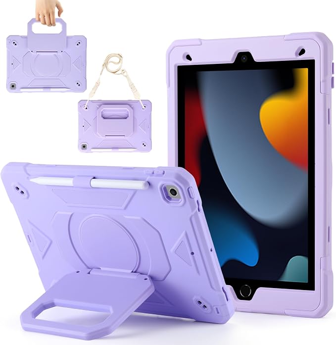 Case for iPad 9th Generation (2021) /iPad 8th Gen (2020)/iPad 7th Gen (2019) Military Grade Shockproof iPad Case Built-in 360°Rotating Stand/Pen Slot/Shoulder Strap for iPad 10.2 (Black)