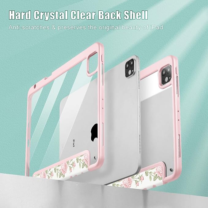 Case for iPad 12.9 Inch (6th/5th/4th/3rd Generation 2022/2021/2020/2018) Pencel Holder + Trifold Support Auto Sleep/Wake Transparent Shockproof Back Cover Abstract Floral SD163