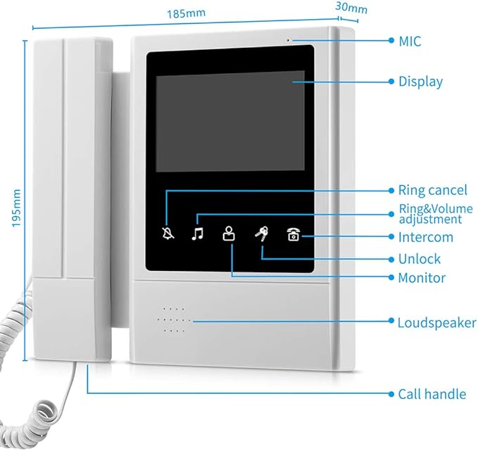 AMOCAM Video Door Phone System, 4.3 Inches Touch Monitor Wired Video Intercom Doorbell Kits, IR Night Vision Camera Door Intercom, Doorphone Telephone Style Indoor Outdoor for Home Villa