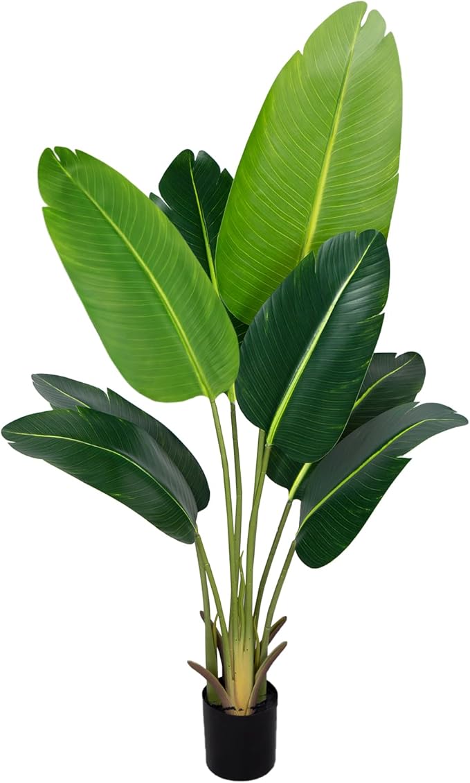 Artificial Bird of Paradise Plant 4Ft Fake Tropical Palm Tree with 8Trunks Faux Banana Leaf Trees in Pot for Home Indoor Outdoor Office Modern Decor Housewarming Gift（1Pcs）