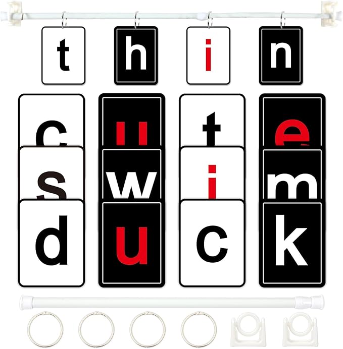 Black White CVC Word Builder with 117 Alphabet Flash Cards Phonics, Adjustable CVCC & CCVC Flip Charts with Holder Spelling Game Bulletin Board Letters for Home Wall Decor Supplies