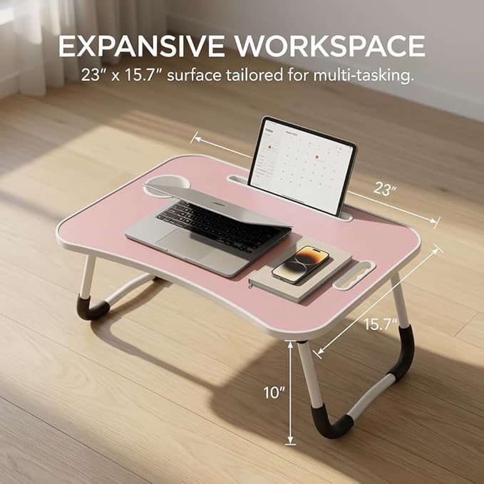 BUYIFY Folding Lap Desk, 23 Inch Portable Wood Blue Laptop Bed Desk Lap Desk with Cup Holder, for Working Reading Writing, Eating, Watching Movies for Bed Sofa Couch Floor -new008 Pink