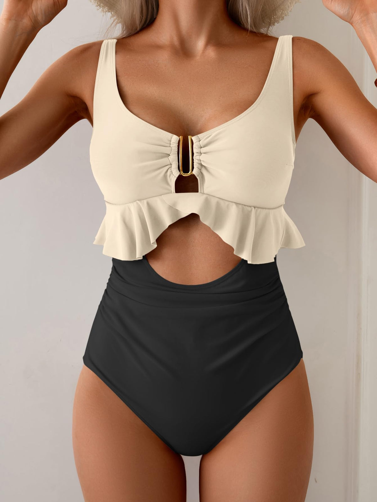 B2prity Womens One Piece Swimsuit Tummy Control Ruffled Bathing Suit V Neck Cutout Swim Suit Tie Back Swimwear Cream, Black