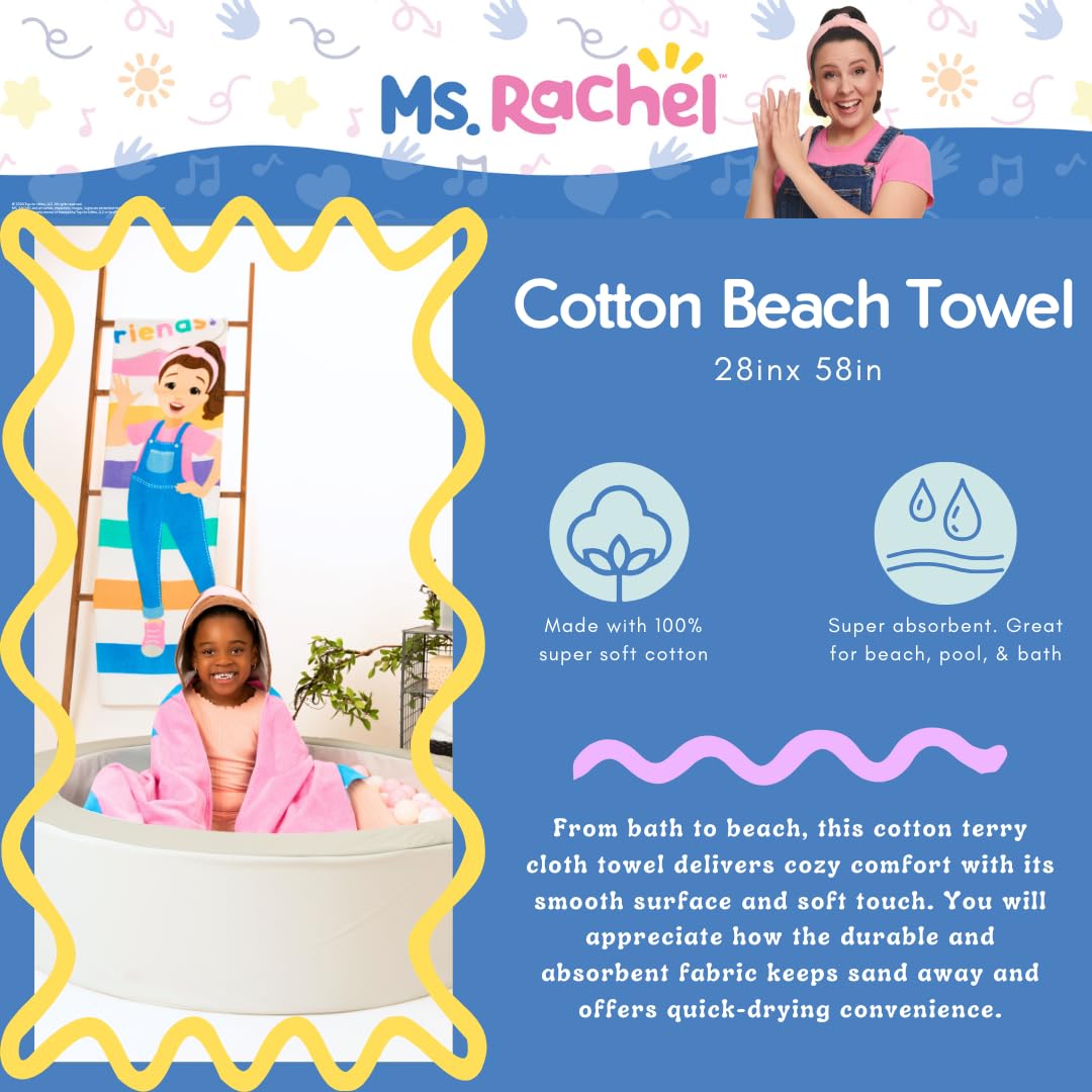 Ms. Rachel Kids Super Soft Cotton Bath/Pool/Beach Towel, 58 in x 28 in, (Officially Licensed Product) By Franco