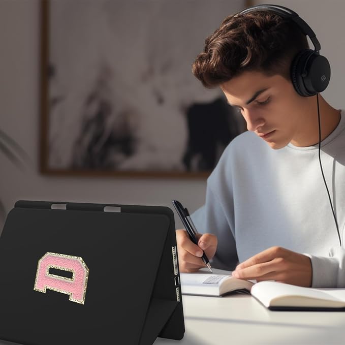 for iPad 9th Generation 10.2 Inch 2021/2020/2019 Case Initial Chenille Letter Suture Personalized for iPad 9th/8th/7th Generation Case with Auto Sleep/Wake Pencil Holder (Black A)