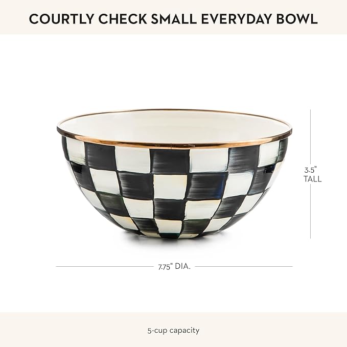 MACKENZIE-CHILDS Enamel Everyday Bowl, Serving Bowl for Entertaining, Small, Black-and-White Courtly Check, Set of 1