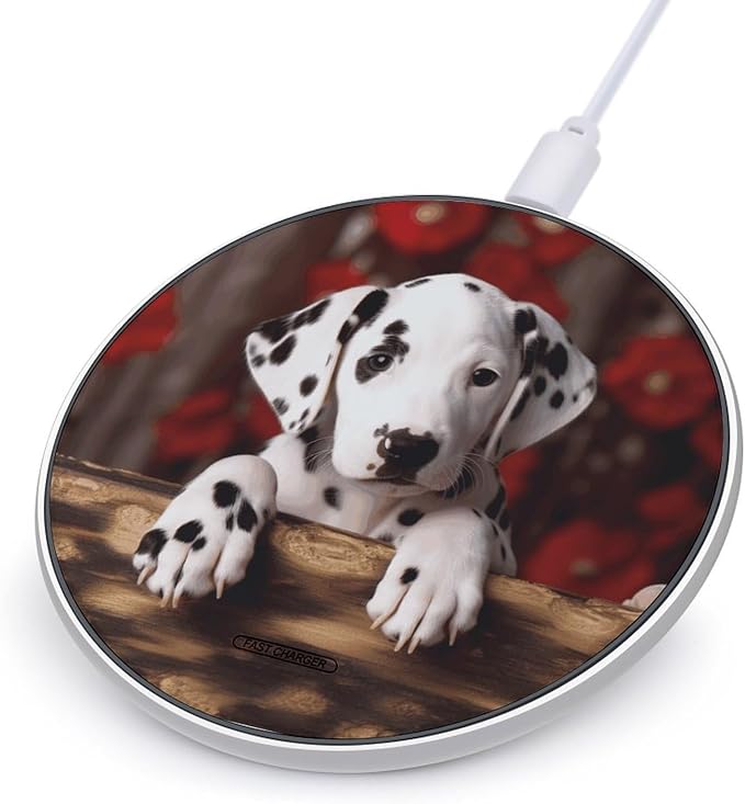 Dalmatian Puppy Wireless Charger Aluminum Alloy Frame 10W Fast Charging Pad with Indicator Light 6mm Thin &amp Portable Wireless Charging Pad for Travel Home Office Desk