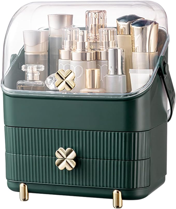 Preppy Skincare Organizers Makeup Organizer Holder Cosmetic Storage Box Display Case 3 Tiers Dust Free Cover Portable Handle 2 Rroomy Drawers Gift Great For Bathroom Countertop Dresser Dark Green
