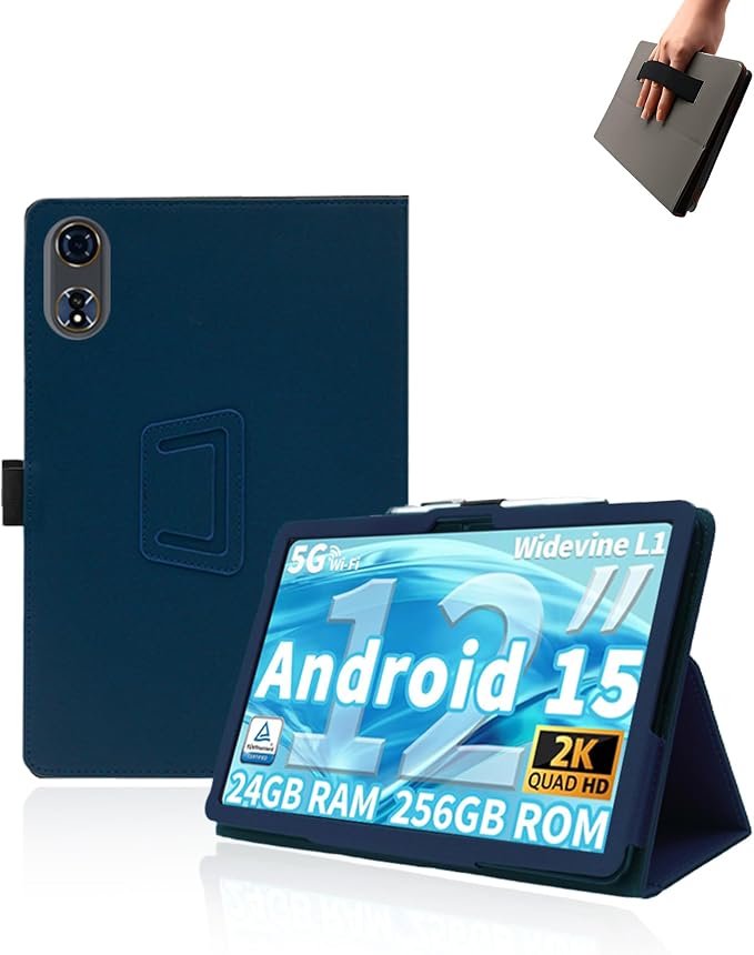 Case for QDDQ TAB9 Tablet 12 inch Android 15 TabletsUYRUREL Leather Slim Folding Stand Cover with Hand Strap Magnet for Men Women Full ProtectionBlue.