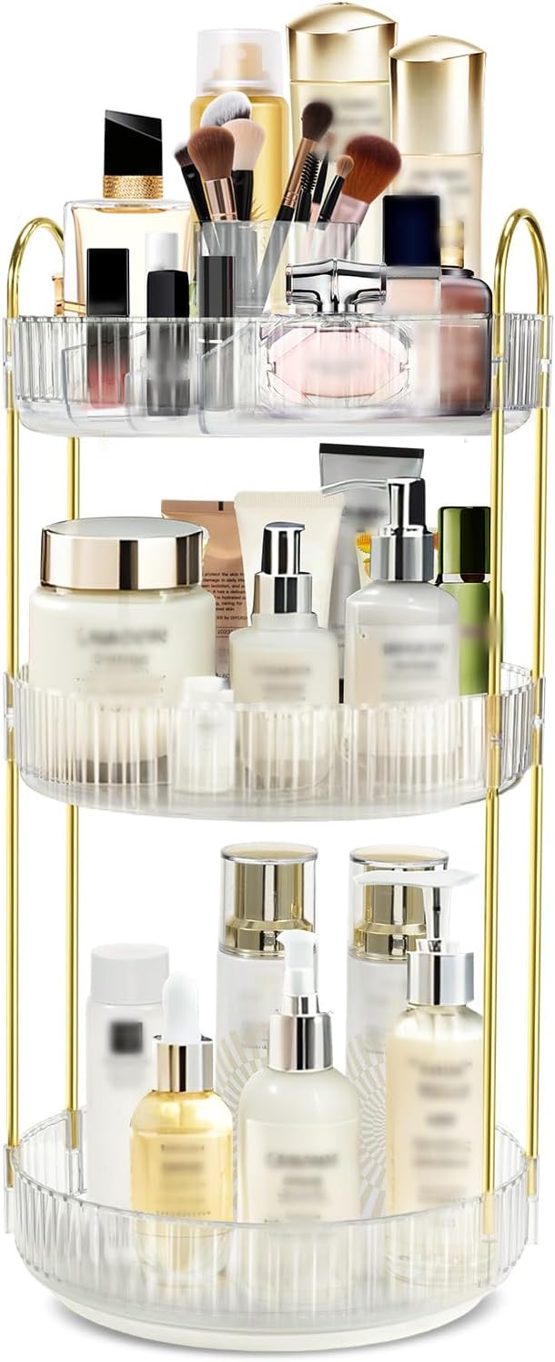 360 Rotating Makeup Organizer for Vanity,3 Tier Large Capacity Skincare Organizers,Bathroom Counter Organizer, transparent Spinning Perfume Organizer & Vanity Organizer (NEW-White, 3 Tier)