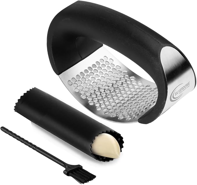 Silverdome Garlic Press Rocker Set- Premium Garlic Crusher- Innovative & Fast Garlic mincer- Peeler and Scraper Included- Comfortable Grip