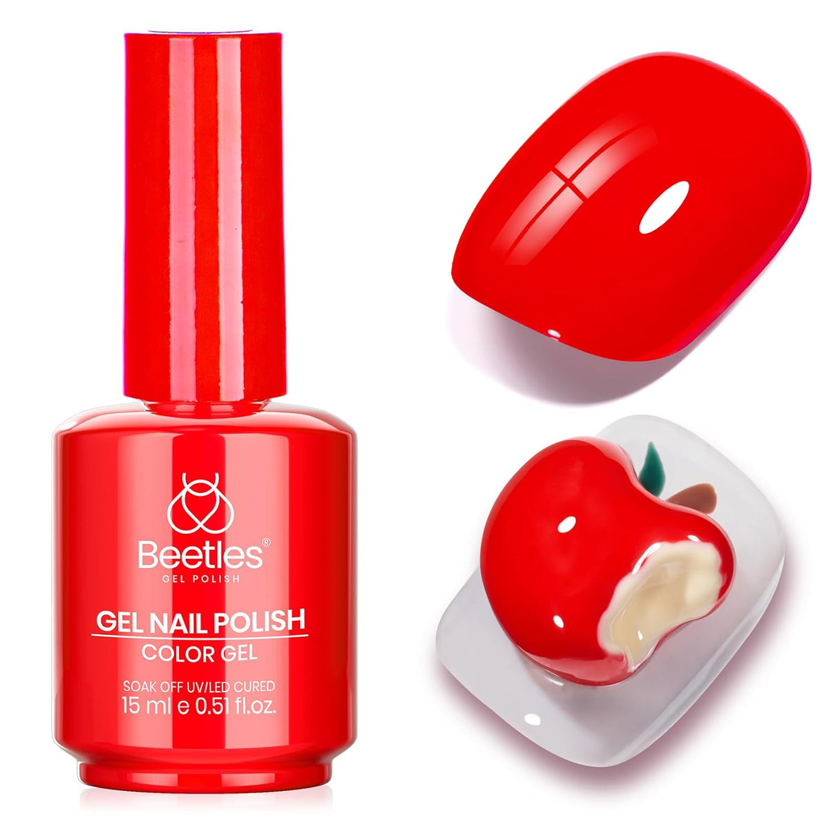 Beetles Red Gel Nail Polish – 15ml Classic Bright Red Soak Off UV LED Gel Polish Same Color Bottle for Salon DIY Manicure Gift for Women