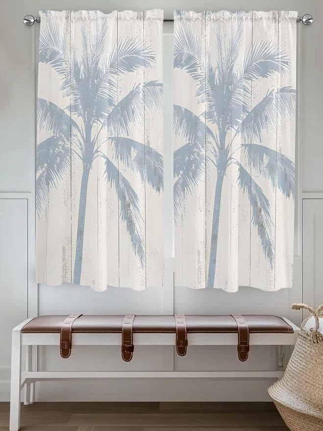Summer Coconut Tree on Vintage Wood Grain Window Valance Curtains, Seaside