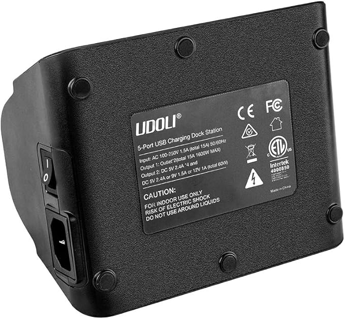 UDOLI 5 USB Ports Charging Station Organizer for Multiple Devices Fast Charging Desktop Stand for Apple Android Phone Tablet 1600W 2 AC Power Outlets Charger Dock for Home Office 3 Prong Cord Black