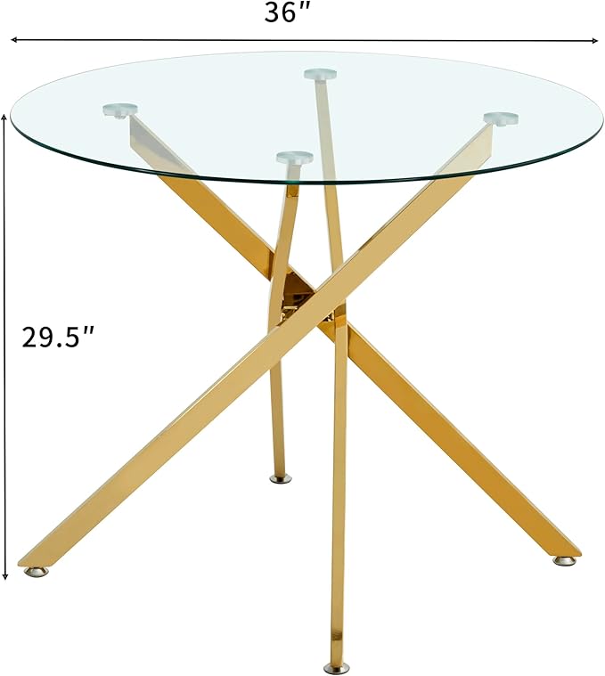 36" Round Dining Table for 4, Glass Kitchen & Dining Room Tables, Modern Circle Dining Room Table w/Tempered Glass Tabletop Gold Finish Metal Legs for Dinner Small Spaces