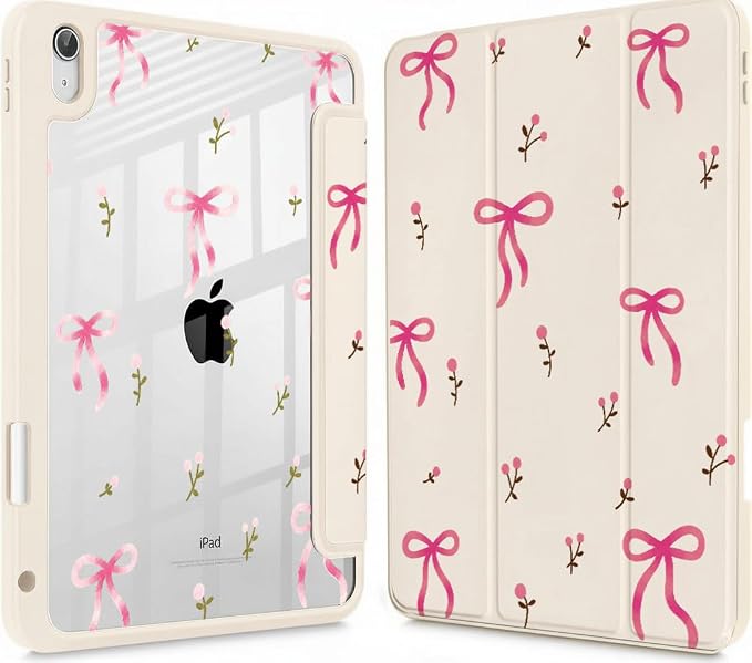 for iPad A16 11 Inch 2025 /for iPad 10th Generation 10.9 Inch 2022 Cute iPad Black Case with Pencil Holder-[Auto Wake/Sleep] Trifold Stand Soft TPU Protective Cover Pink Bows