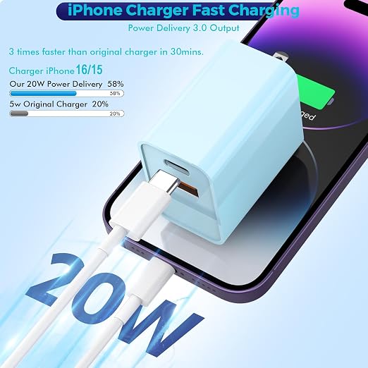 10FT iPhone 17/16e Fast Charger2Pack 20W Dual Port USB A+C QC Apple Adapter with 10 Foot USB C to C Fast Charging Cable Cord for iPhone 17Air/17Pro/17Pro Max/16/16Pro/15/15Pro/Pro Max/Plus(Blue/Pink)