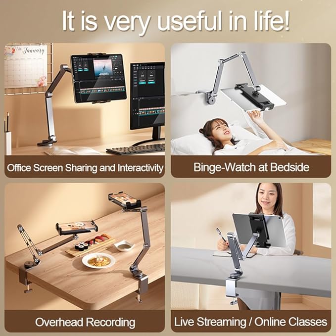 Phone/Tablet Metal Holder Stand Grey CT9 | Heavy Duty Adjustable Foldable Aluminum Universal Lazy Bracket 360° Rotation Flexible Long Arm For 4-13 Inch Devices