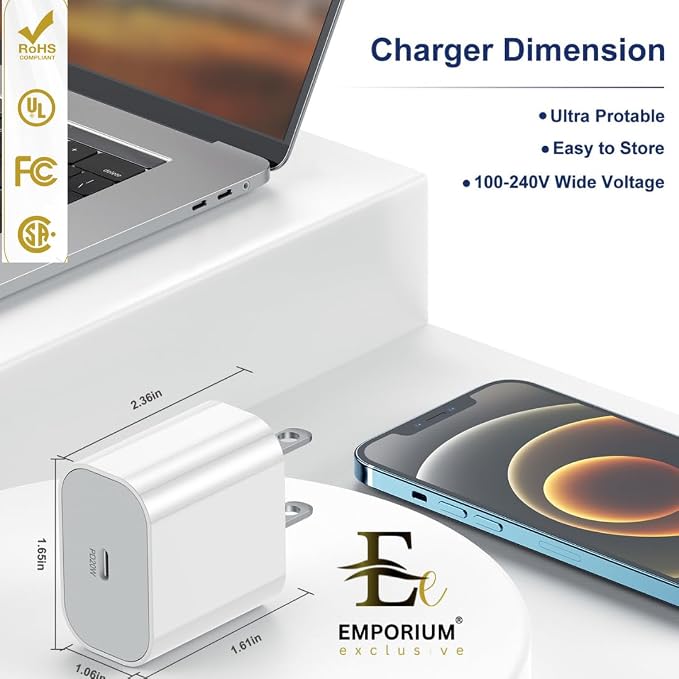 Emporium | 20W Power Charge USB C Cables and Wall Charger Kit | 3ft White USB C to C Charging Cable