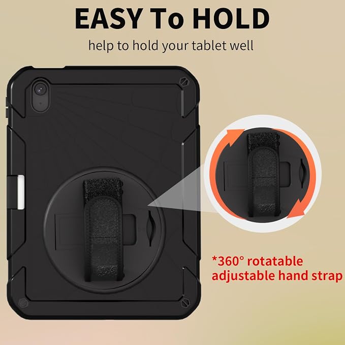 for iPad (A16) 11th/10th Generation Case 2025/2022 (11″/10.9″) Sturdy Heavy Duty Full-Body Shockproof Protective Case Rotating Stand Hand/Shoulder Strap (Black)
