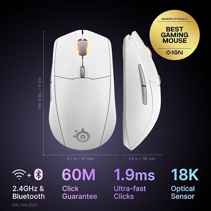 SteelSeries Rival 3 Wireless Gen 2 Gaming Mouse — 2.4GHz and Bluetooth — 18000 DPI TrueMove Air Optical Sensor — 60 Million Click Durability — Light-Weight — 100% PTFE Feet — White
