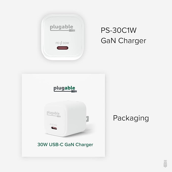 Plugable 30W USB-C GaN Charger – MagSafe-Compatible Fast Charging for iPhone iPad Galaxy &amp USB-C Devices – IT Deployment Business Travel &amp Remote Teams – White