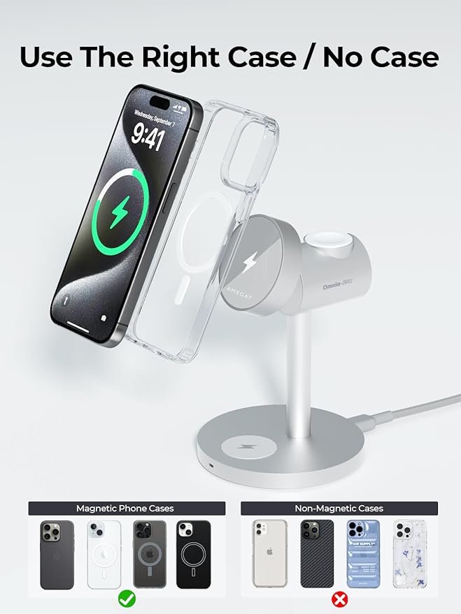 MagFusion 3-in-1 Charging Station Compatible with MagSafe, Qi2 Certified 15W Wireless Charger Stand, Magnetic Charger for iPhone 16/15/14/13/12, Apple Watch, AirPods, Silver