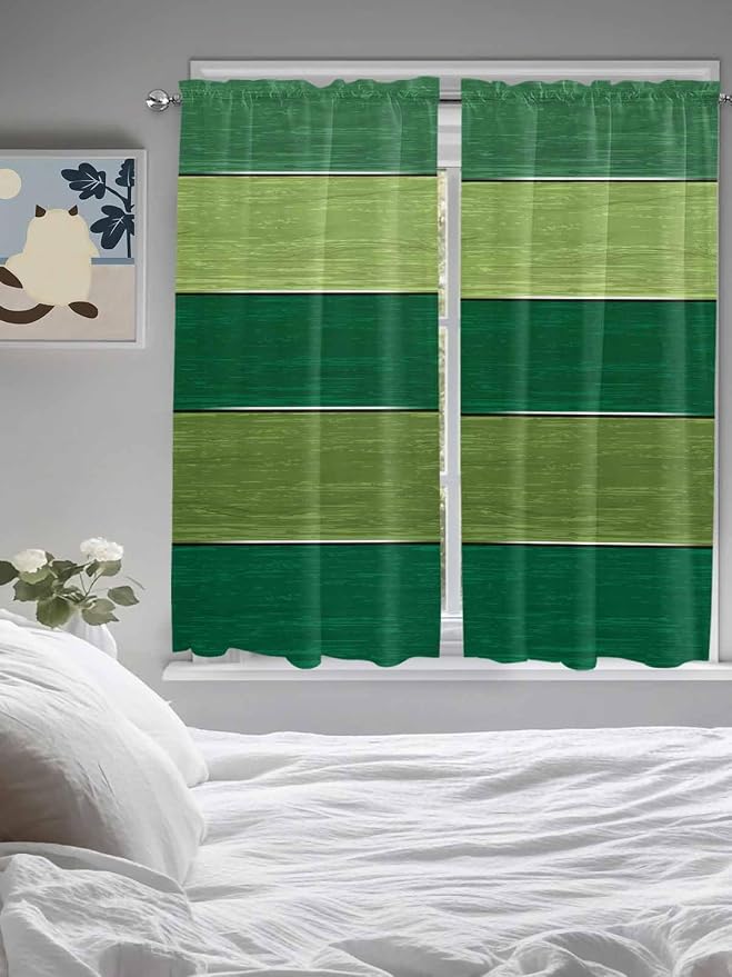 Farm Retro Green Wood Grain Window Valance Curtains, Rustic Wooden Plank