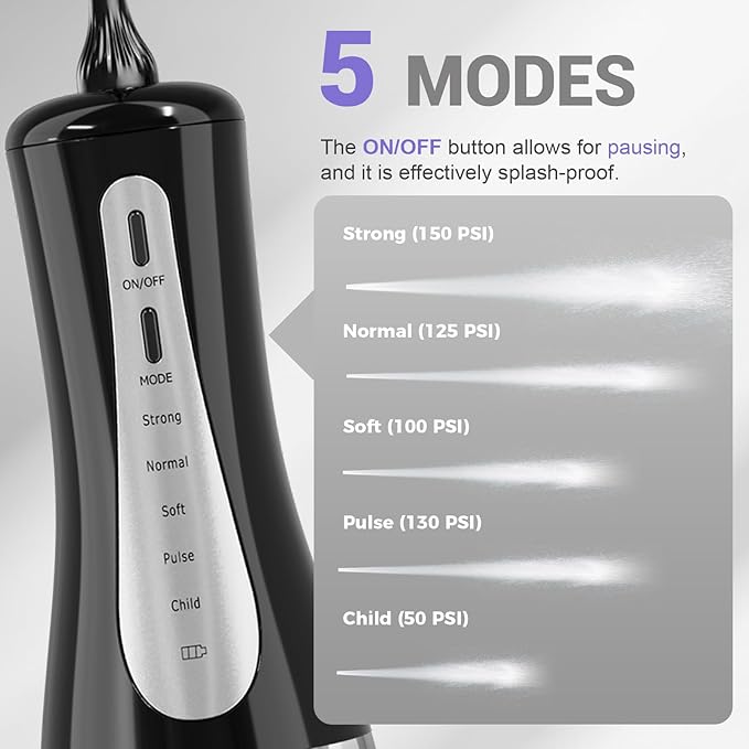 GOLDANT 350ML Water Dental Flosser Teeth Pick with Travel Bag, 5 Modes Portable Cordless Oral Irrigator Cleaner, Electric Rechargeable IPX7 Waterproof for Home Travel Teeth Cleaning flossing(Black)