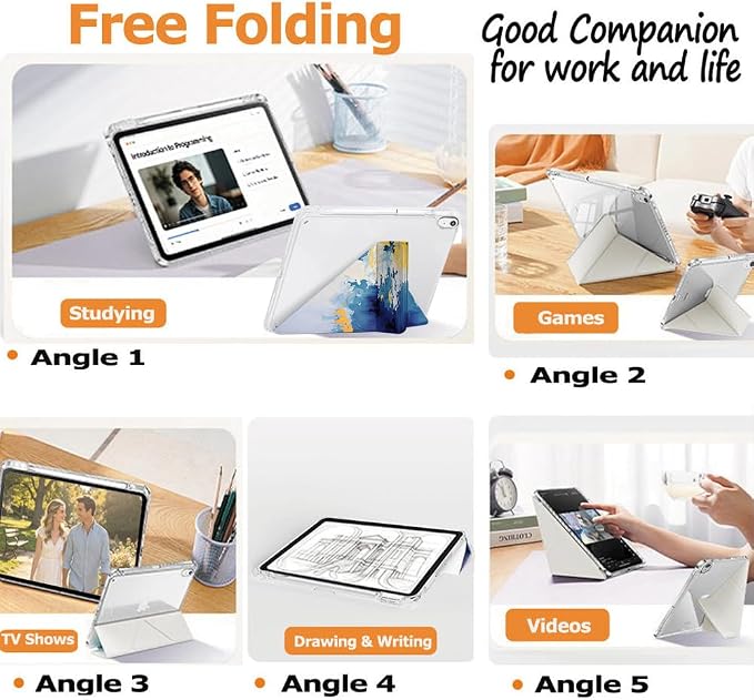 Slim Case for iPad Air 11 M4/M3/M2 &amp 10.9 5th/4th Gen Aqua Blue | Pencil Holder Multi-Angle Y Fold Stand Clear Acrylic Cute Cover Auto Wake-Sleep 2026/2025/2024/2022/2020