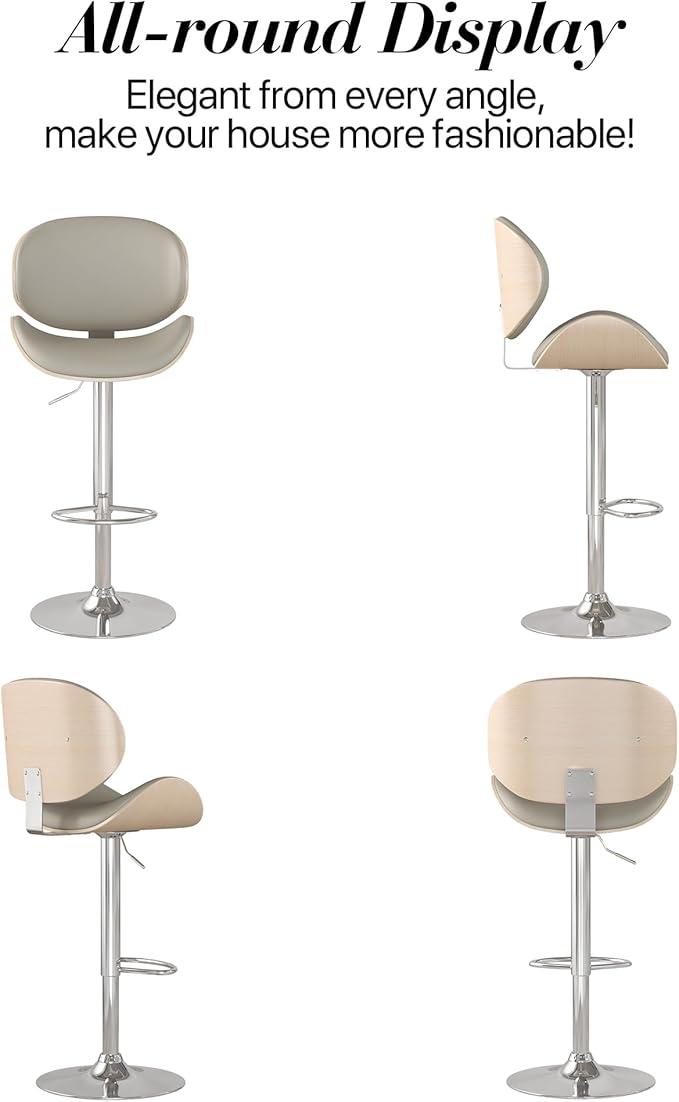 Adjustable Swivel Bar Stools 1 PC, Modern Bentwood Barstool with Large Metal Base and Footrest, PU Leather Upholstered Bar Chair with Curved Back for Kitchen Island Dining Room, Gray