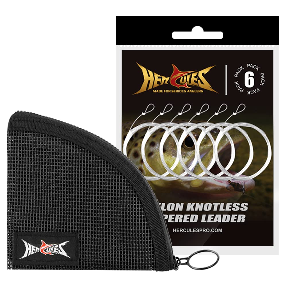 HERCULES Pre-Tied Loop Fly Fishing Leader 6 Pack with Tapered Leader Wallet, 9FT - 1X - 9.0LB