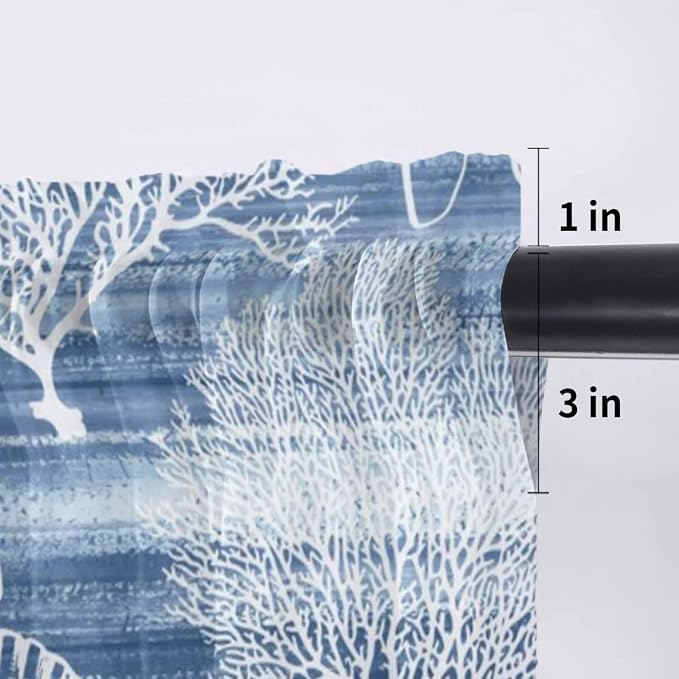 Navy Blue Retro Summer Sheer Valance Curtains, Sea Turtle Starfish Coral Ocean