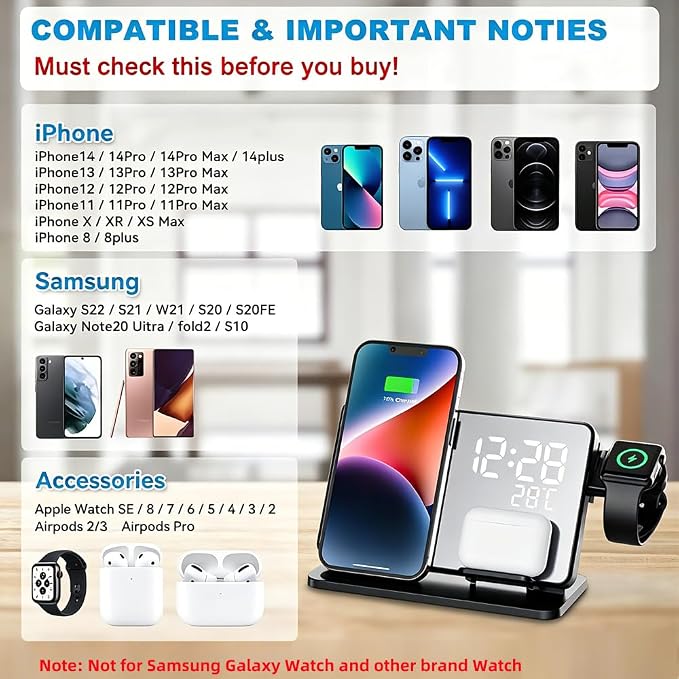 IHAO 3in1 Multifunctional Foldable Wireless Charging Station with LED Ambient Night Light Fast QC3.0 Charger for Phone iWatch Headphone Space-Saving Auto-Shutoff &amp Overcharge Protection-Black