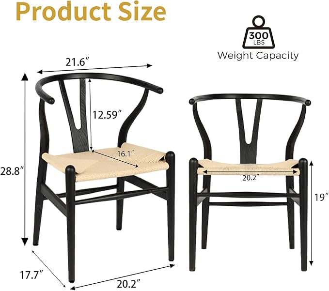 Wishbone Chair Natural Solid Wood Dining Chair/Hans Wegner Y Chair Rattan and Wood Accent Armrest Chairs Set of 2 (Ash Wood - Black + Natural Cord)