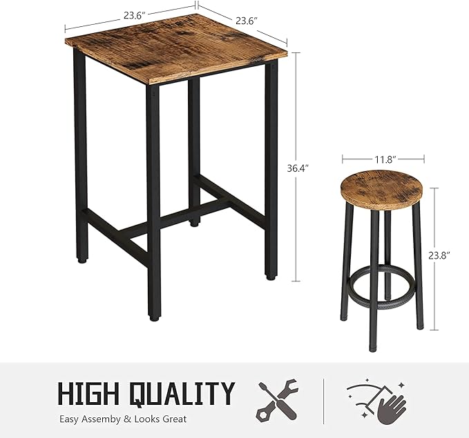 Recaceik 3 Piece Pub Dining Set, Modern bar Table and Stools for 2 Kitchen Counter Height Wood Top Bistro Easy Assemble for Breakfast Nook Living Room Small Space Restaurant, Rustic Brown 24