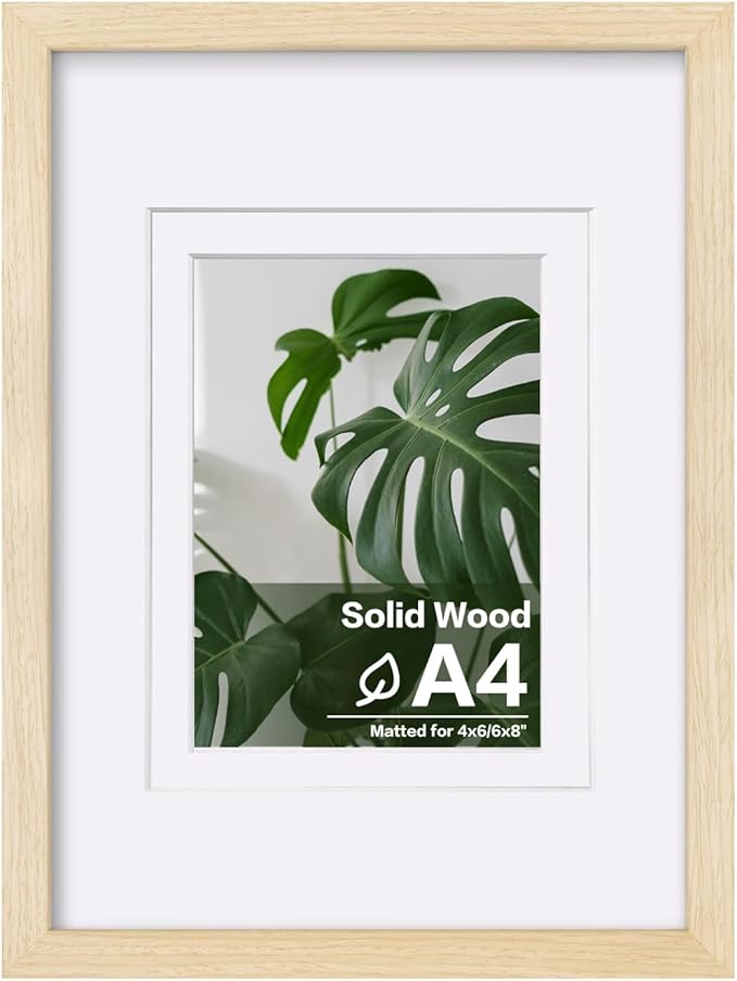 Egofine A4 Picture Frame Made of Solid Wood with Plexiglass, Display Pictures 4x6/6x8 with Mat or A4 Without Mat for Tabletop and Wall Mounting, Oak Wood