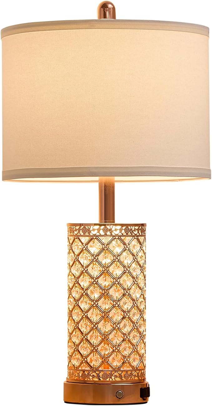 Crystal Table Lamps 3-Way Dimmable Bedroom Lamp with 2 USB Ports & AC Outlets for Living Room Retro Bedside Nightstand Lamp Night Light (Rose Gold- 1 Pack 24In)
