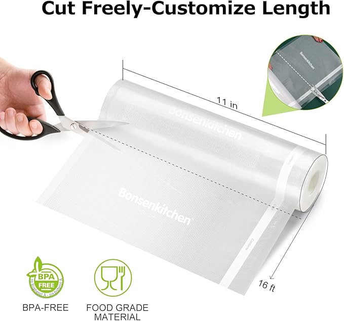 [2025 Upgraded] Bonsenkitchen 6 Rolls 11" x 16' Vacuum Sealer Bags for Food with a Color Box, Easy to Store, Commercial Grade, BPA Free, Great for Food Storage or Sous Vide, VB21