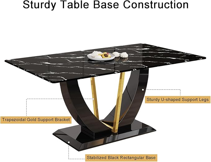 71" Dining Table Set for 6, Black Faux Marble Dining Room Table Set for 6, Large Rectangular Kitchen Table Set and PU Leather Chairs,Tempered Glass Glossy Table with Golden Leg